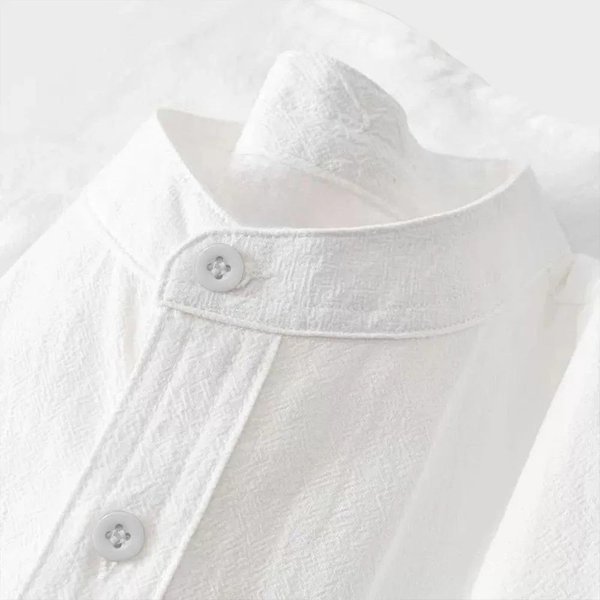 Camisa CláSica Atemporal De AlgodóN Lino Texturizado De Manga Larga Para Hombre Transpirable Cuello Mao Botones Placket Tops Casuales Diarios De Vacaciones En Colores Lisos L Blanco-image