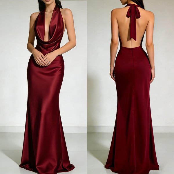 Vestido Largo De Mujer Halter Sin Mangas Bodycon Cintura Alta Elegante De SatéN Vestido De Noche M BorgoñA-image