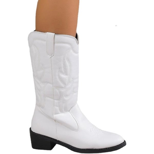 Zapatos Para Mujer Alta Calidad Invierno Slip On Botas De Media CañA Para Mujer Color SóLido Punta Fina TacóN Medio Zapatillas De Mujer 41 Blanco-image