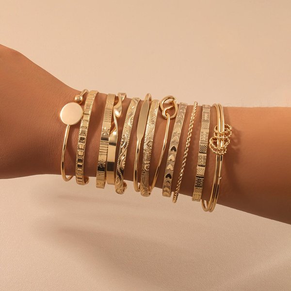 12 Piezas/Set Pulseras Brazaletes MetáLicos Florales Y GeoméTricos Minimalistas, Accesorios De JoyeríA Para Mujer Para Uso Diario (Estilos Variados) Oro-image