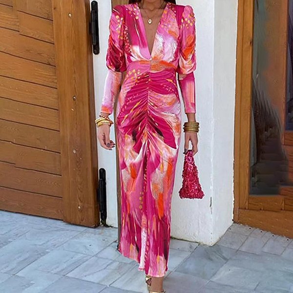 Primavera Nuevo Temperamento De Mujer Estampado Sexy Cuello En V Vestido De Cintura Plisada 2XL Pink-image