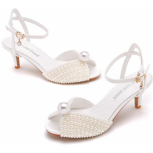 Sandalias De TacóN Alto Con Boca De Pez De 6 Cm, Boca Baja, Hebilla, Talla Grande, Punta Redonda, Tacones Altos Huecos Con Boca De Pez, Sandalias De SatéN Con Perlas 43 White-image