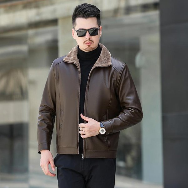 Chaqueta De Piel De Oveja Gruesa Y Polar Para Hombres De Mediana Edad Y Ancianos, Holgada, Para OtoñO E Invierno, Abrigo De Cuero Para Papá 60 Gray-image