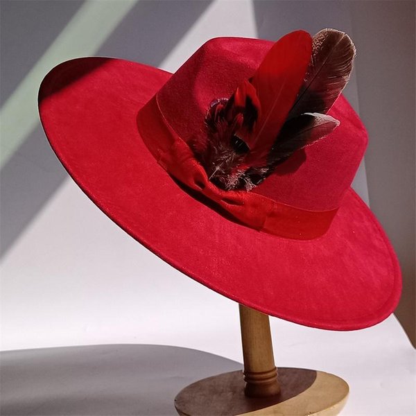 Fioletowe PióRa Zamszowy Kapelusz Cylinder 9.5Cm Szerokie Rondo Kapelusz Fedora MężCzyźNi Kobiety Jesień Zima Filcowe Kapelusze Jazzowe Klasyczne KośCielne Fedora Sombrero 55 -58Cm Black-image