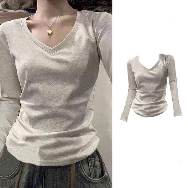 Top De Capa Base De Punto Con Cuello En V Para Mujer En Primavera/OtoñO, Estilo Nuevo, De Manga Larga, Ajustado, Estilo BáSico, Top Adelgazante S Gray-image
