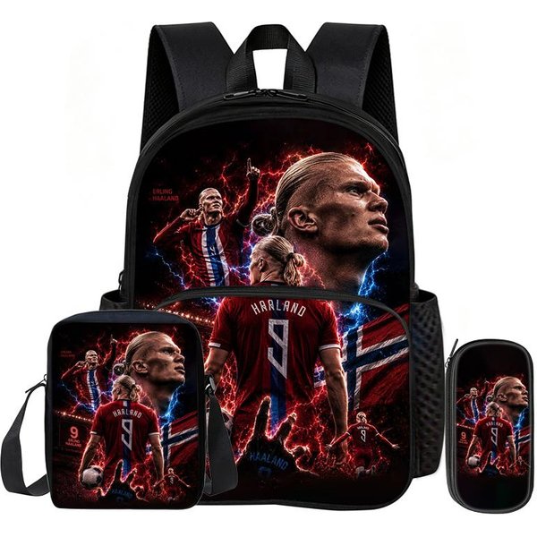 Set De 3 Piezas Con Mochila De Bolsillo Frontal Haaland Aprende, Viaja Estrella Del FúTbol Bolsos De Hombro, Estuche, Bolsas Deportivas Escolares-image