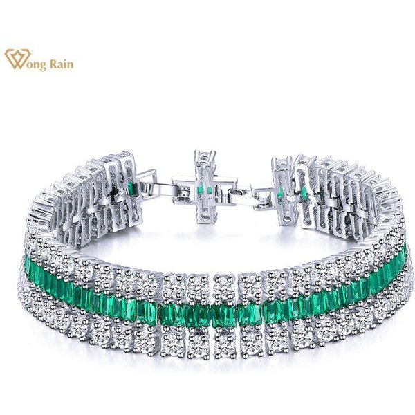 Wong Rain Vintage 100% 925 Sterling Silver Stworzony Moissanite Szmaragdowy Kamień Szlachetny Bransoletka Charm Bransoletki BiżUteria Hurtowa-image