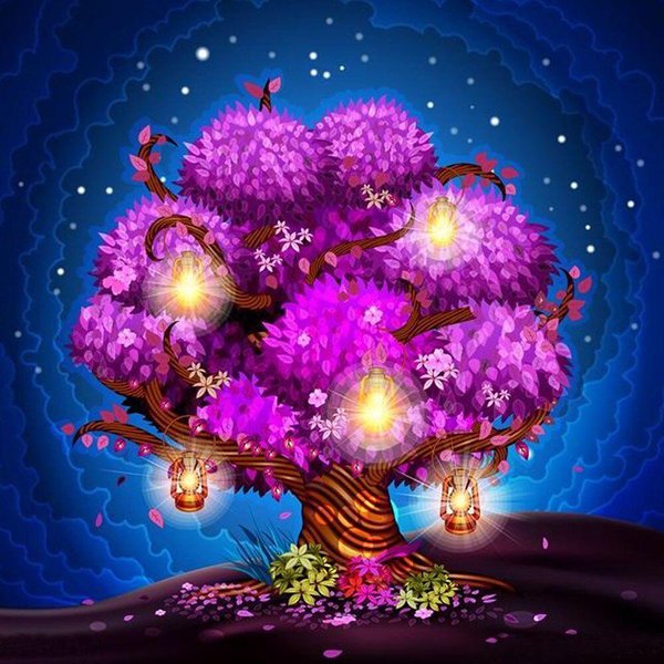 Bordado De Diamantes Paisaje 5D Diy Pintura De Diamantes ÁRbol Morado Punto De Cruz 30X30Cm-image