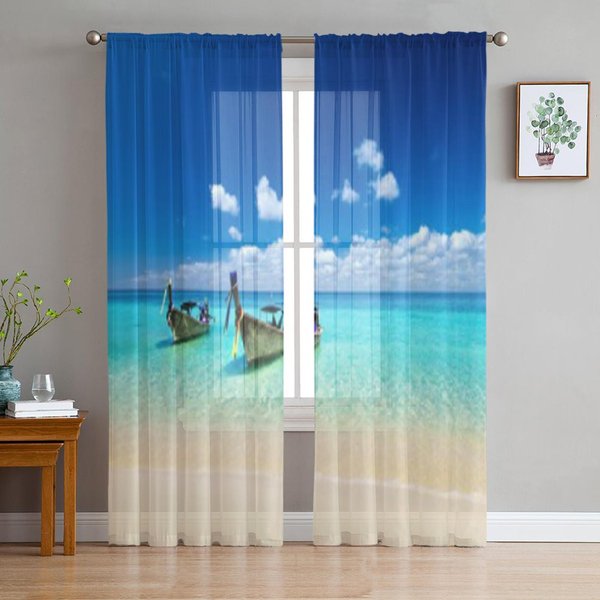 Cortinas Transparentes De Tul Azul Caribe Para DecoracióN De Sala De Estar, Cortina Para La HabitacióN, Dormitorio, Cocina, Cortinas De Organza Voile 135W X 114H(Cm) Blue-image