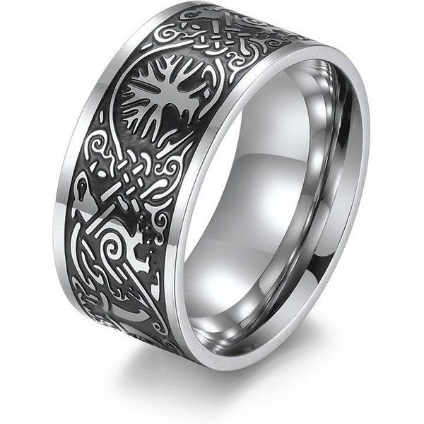 Anillo Retro De Acero Inoxidable ÁRbol De La Vida Cuervo De OdíN NóRdico Vikingo Nudo Celta 10# Gray-image
