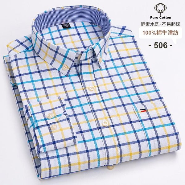 Camisas De Hombre Oxford 100% AlgodóN Manga Larga Cuadros Suave Corte Regular Formal Vestir Camisa Bolsillo Blusa Social Ropa Masculina S-7XL L-image