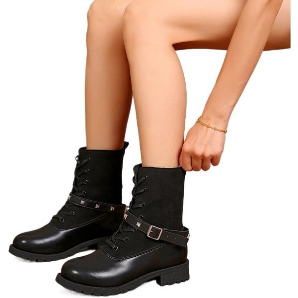 Zapatos De Mujer Venta Caliente OtoñO Botas De Mujer Con Cordones Punta Redonda SóLidas CañA Corta TacóN Bajo Maduras Talla Grande Botas De Moda 43 Negro-image