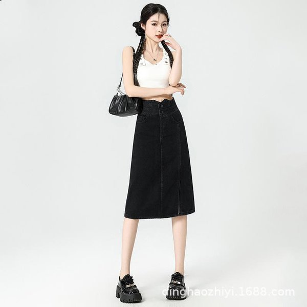 Falda Vaquera De Cintura Alta Para Mujer En Primavera Y Verano Nueva VersáTil Ajustada Y Con Abertura Recta Para Cadera Falda De LíNea A De Longitud Media XXL Beige-image