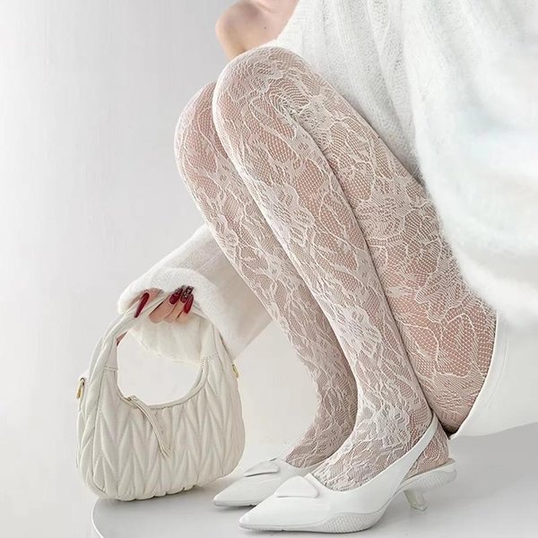 BiałE Skarpety Damskie Seksowne PońCzochy Fishnet Femme Letnie Cienkie Siateczka Kwiatowa Rajstopy Elastyczne ModelująCe Wysoki Stan WycięTe Rajstopy One Size Beige-image