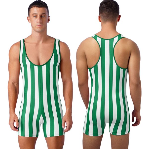 Camiseta De Lucha Libre A Rayas Para Hombre, Calzoncillos Tipo BóXer Ajustados Sin Mangas, Traje De BañO, Mono Deportivo Para Gimnasio Y Fitness L Verde-image
