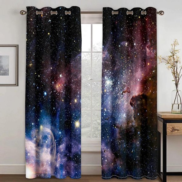 Cortinas De Estrellas Con Estampado De Galaxia CóSmica Para DecoracióN De SalóN, Dormitorio, Estudio, Modernas Persianas Para Ventanas De Cocina, Cortinas 2 Piezas 100W130H(Cm)&Rod Pocket-image