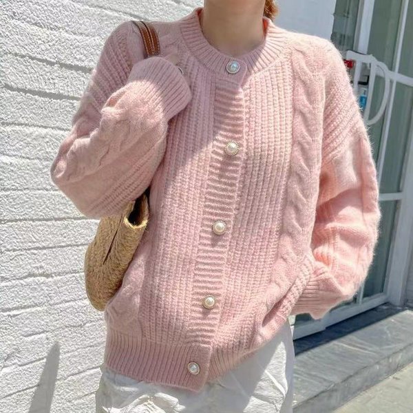 Botvotee Dzianinowy Kardigan Damski Jesień Zima Vintage Oversize OkrąGłY Dekolt DłUgi RęKaw Sweter Szykowny Jednolity Guzik Kurtka One Size RóżOwy-image