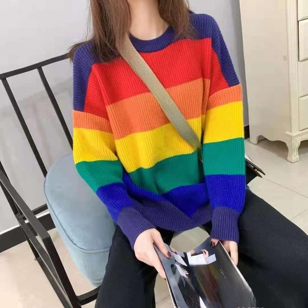 MięKki Sweter Damski W Kolorowe Bloki | Przytulny Sweter Z OkrąGłYm Dekoltem I Poziomymi Paskami, Jesienno-Zimowy, Casualowy Szyk One Size Red-image