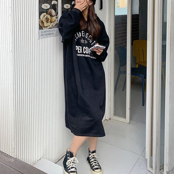 Nuevo Estilo Coreano Terciopelo Grueso Doble Capucha Sudadera Con Capucha Vestido Para Mujer Vestido Holgado Perezoso One Size Black-image
