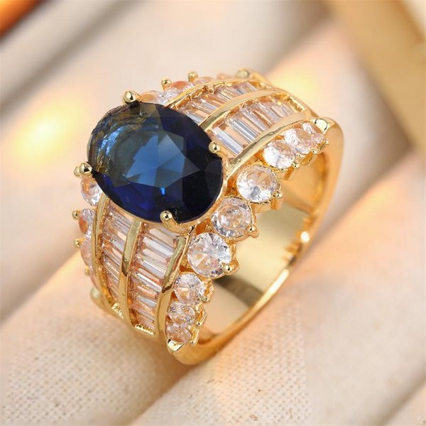 Precioso Anillo Para Mujer Con Circonita CúBica Blanca Y Azul Incrustada Tendencia Color Dorado GeometríA Uso Diario JoyeríA Para Fiesta Regalo De Aniversario 7 Black-image