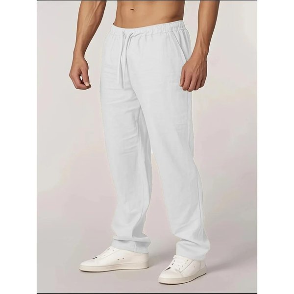 Pantalones De AlgodóN Y Lino Nuevos Para Hombre Pierna Recta Ligeros Transpirables Casual Estilo BáSico Cintura EláStica Pantalones Largos Xxxl White-image