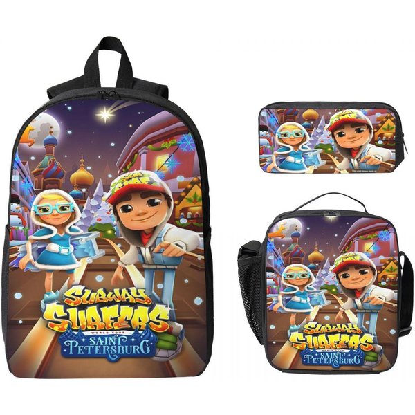 Zestaw 3 Szt. PlecakóW Subway Surfers Dla Dzieci PióRniki Zestawy PlecakóW Z Pojemnikiem Na Lunch Dla UcznióW SzkołY Podstawowej Plecak Dzienny Black-image