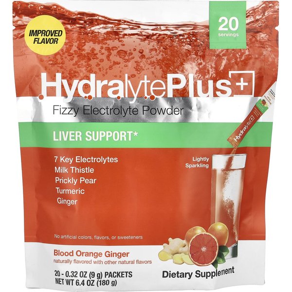 Hydralyte, Hydralyte Plus+, Polvo Efervescente De Electrolitos, Naranja Sanguina Jengibre, 20 Sobres, 0.32 Oz (9 G) Cada-image