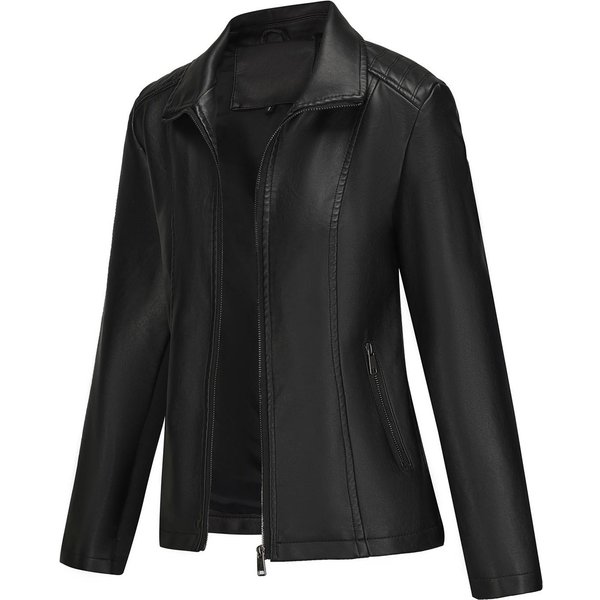 Damska Moda Casual Jednolity Kolor SkóRzana Kurtka Outdoor KróTki PłAszcz M Czarny-image