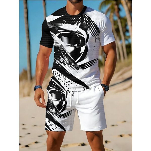 MęSki Letni Zestaw DwuczęśCiowy Z Tropikalnym Wzorem, KróTki RęKaw, Modny Casualowy Garnitur, Dopasowane Spodenki Sportowe I T-Shirt L-image