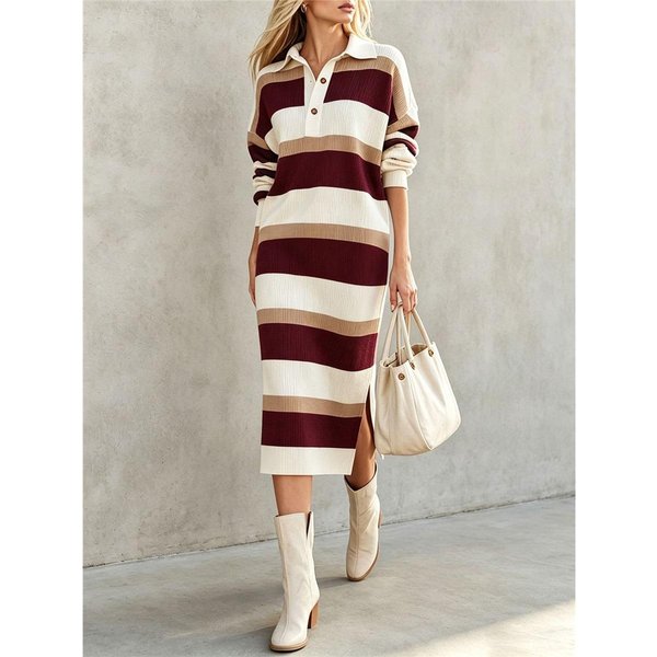 Vestido De Punto Midi A Rayas Para Mujer Cuello De Solapa Media Botonadura Manga Larga Abertura Lateral Holgado Casual Vestido SuéTer XXL Gray-image
