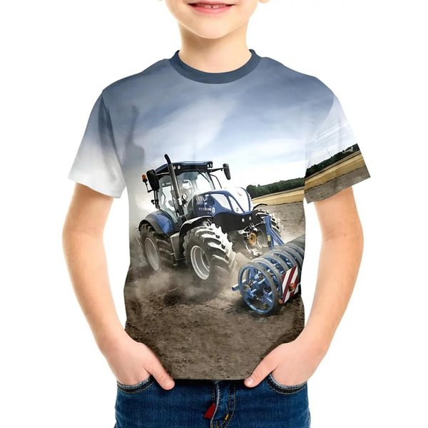 Fajna Koszulka ChłOpięCa Z Nadrukiem Traktora 3D Odzież DziecięCa T-Shirt KróTki RęKaw Modna Letnia Odzież DziecięCa Odzież Dla Aktywnych Dzieci Na ZewnąTrz 140 Gray-image