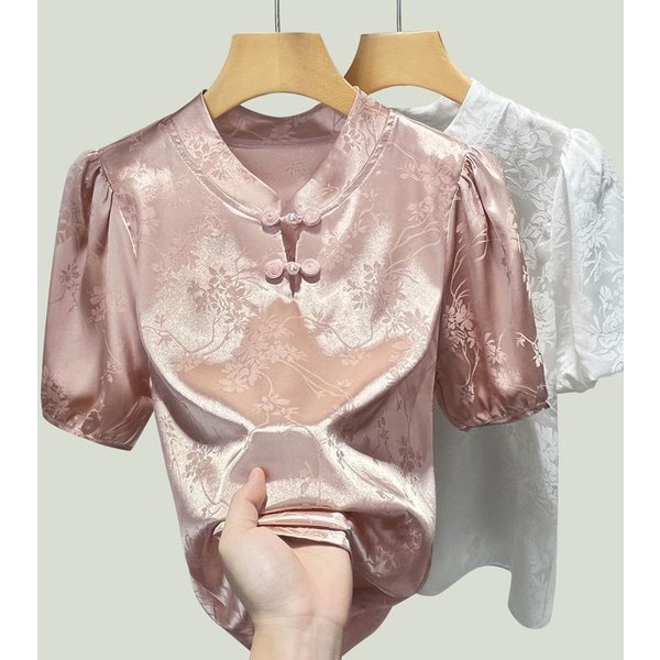 Nueva Camisa De Estilo Chino Con Cuello Mao Y Botones Verano Nuevo Estilo Chino Manga Corta Camisa De Gasa Camisa De SatéN Jacquard Para Mujer 3XL Color Rosa-image