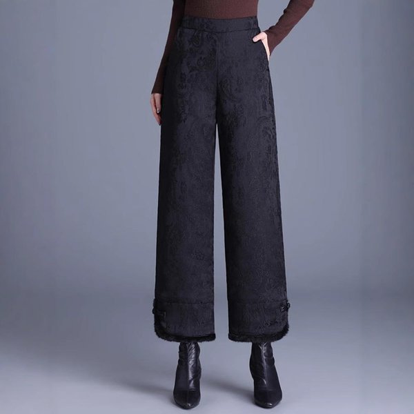 Pantalones De AlgodóN Para Mujer Invierno Nuevos TéRmicos De Pierna Ancha Madre De Mediana Edad Pantalones Rectos 3XL Negro-image
