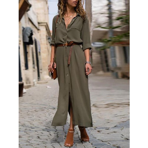 Moda Z DłUgim RęKawem Z RozcięCiem Koszula Na Co Dzień Sukienka Damska Solidna JednorzęDowa Sukienka Plus Size Kobiece Eleganckie LuźNe Biurowe Sukienki Damskie 24182 M Zielony-image