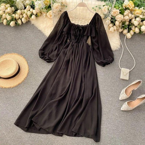 Szykowna Elegancka Sukienka Maxi Z Kwadratowym KołNierzykiem Damska Solidna Szyfonowa Sukienki Z Bufiastymi RęKawami KoreańSkie Sukienki W Stylu Vintage Z Falbaną Vestidos One Size Black-image