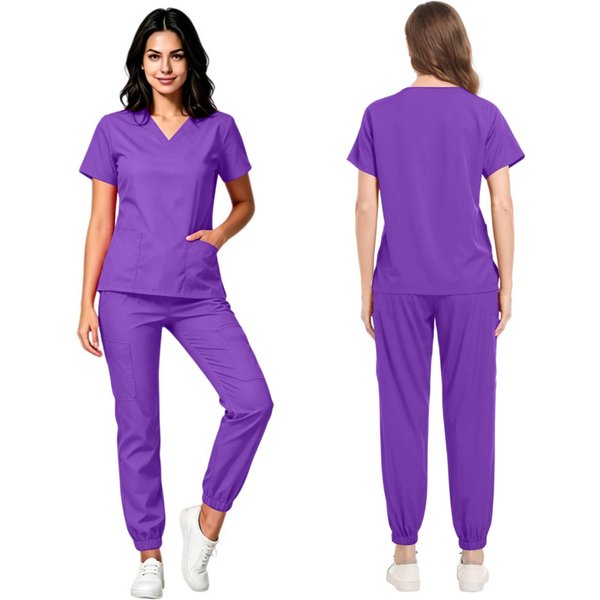 Conjunto De Uniforme MéDico Para Mujer Con Cuello En V Y Bolsillos, Top De Manga Corta Y Pantalones De Secado RáPido En Color Para Uniforme De Trabajo S PúRpura-image