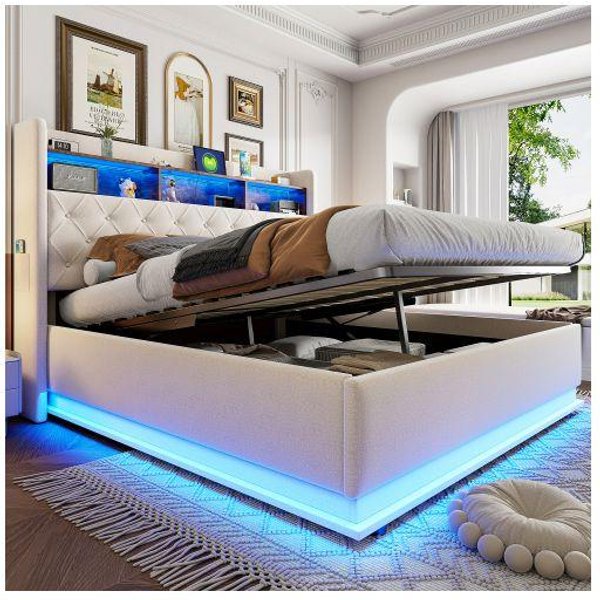 Led Iluminado - Muvoe - 180 X 200 Cm - Enchufe Usb - Almacenamiento HidráUlico - Tela De Lino Beige-image