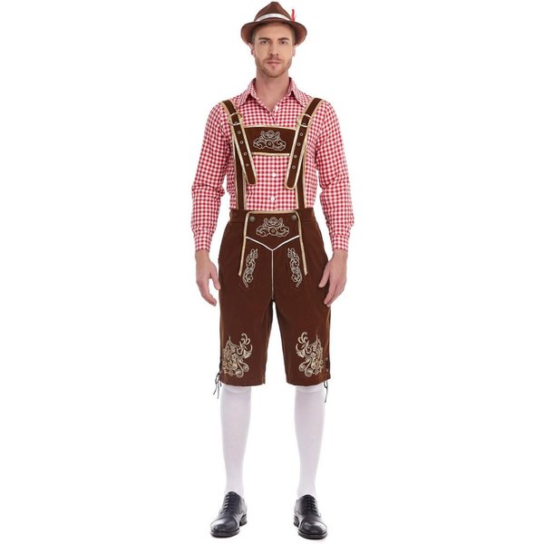 MęSki Bawarski StróJ Na Oktoberfest - Zestaw Koszula W Kratę I Spodnie Na Szelkach M BrąZowy-image