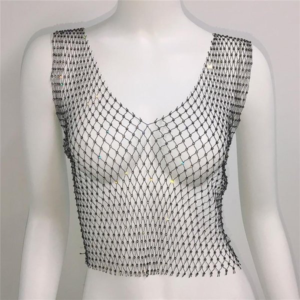 Nuevos Tops Cortos sexy De Malla Para Mujer Verano PedreríA Moda Fiesta Club Transparente Red De Pescado Camiseta Sin Mangas Espalda Hueca One Size White-image