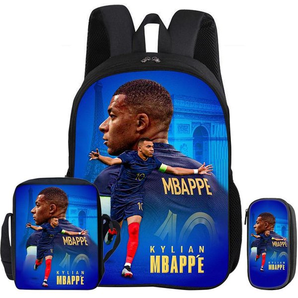 Zestaw 3 Szt. Plecak M-Mbappe Torba Na KsiążKi Gwiazda PiłKi NożNej Torba Na Ramię PióRniki Dziecko Mochila Sportowa Torba Szkolna Prezent Dla Dzieci Rucksack Blue-image