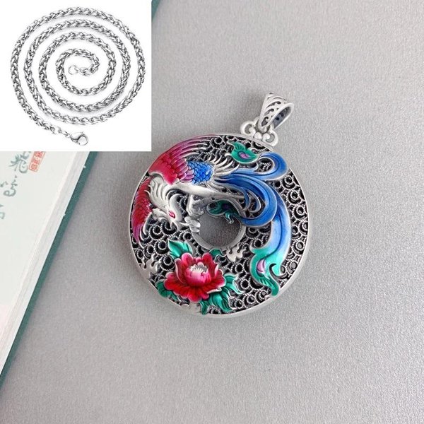 Novedad En Amuletos Estilo Chino Tallado Esmalte Colorido FéNix Flor De PeoníA Collar Para Mujeres Colgante Redondo Hueco JoyeríA 45Cm Gray-image