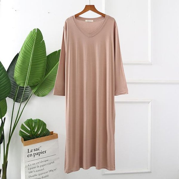 Vestido De Noche De OtoñO Para Mujer, CamisóN Grande Holgado, CamisóN De Color SóLido, CamisóN De Manga Larga, Ropa De Dormir Modal L Caqui-image