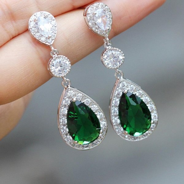 Pendientes Largos De Circonita CúBica Verde Huitan Con Temperamento Para Mujer JoyeríA De Moda Elegante Para Fiesta De Compromiso Boda Dama-image
