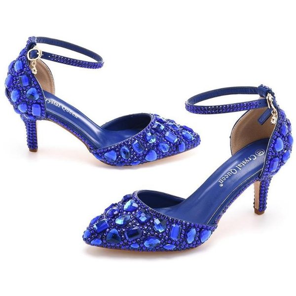 Sandalias De Talla Grande De 7Cm TacóN Fino Puntera Puntiaguda PedreríA Sandalias De TacóN Alto Zapatos De TacóN Alto Con PedreríA Dorada 37 Blue-image