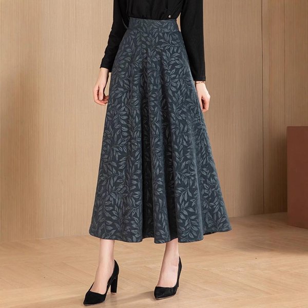 Falda Jacquard Coreana Para Mujer Invierno Nueva Temperamento Cintura Alta Falda De Vuelo Grande Largo Medio Sobre La Rodilla Falda LíNea A L Gris-image