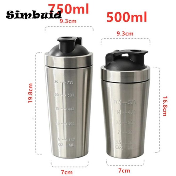 500/750ML Butelka Shaker Ze Stali Nierdzewnej Na Proszek Proteinowy Ze Skalą Szczelna Butelka Na Wodę Na SiłOwnię Fitness Sport Koktajle Whey Kubek 750ML-image