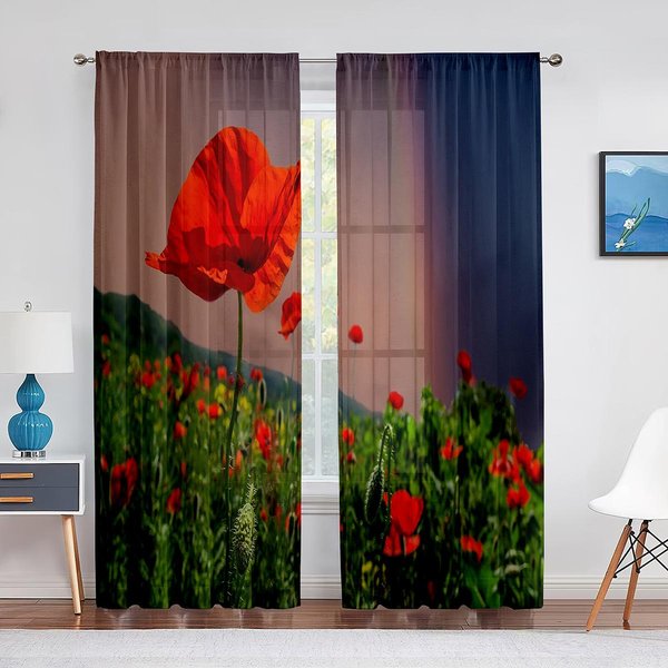 Amapolas Rojas En Campo Verde Cortinas Florales Transparentes Para Ventana De Sala De Estar Cortinas De Tul Para Dormitorio Cocina DecoracióN Del Hogar Cortinas De Visillo 1 PCS W100Xh250Cm&Grommet Top-image