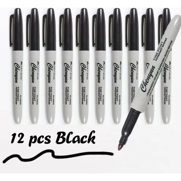12 Sztuk Czarnych MarkeróW Permanentnych, Cienka KońCóWka, Wodoodporny, SzybkoschnąCy Gray-image