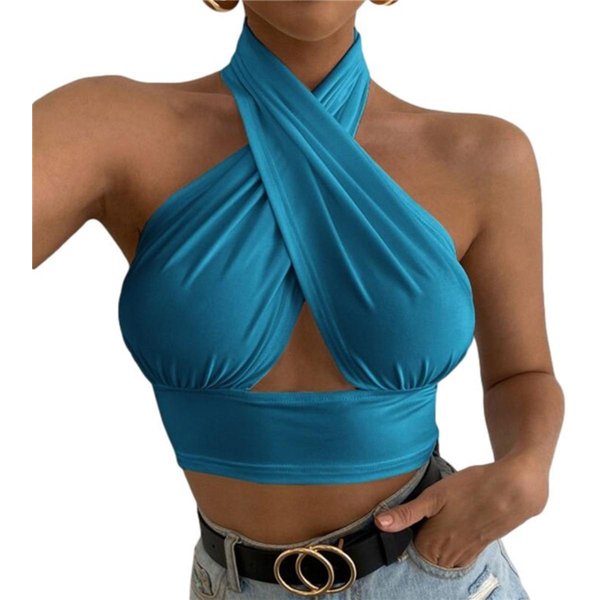 Top De Verano Para Mujer De Color SóLido Con Cruz En El Cuello, Sin Mangas, Espalda Descubierta, Ajustado, Sexy, Para Fiesta L Azul-image