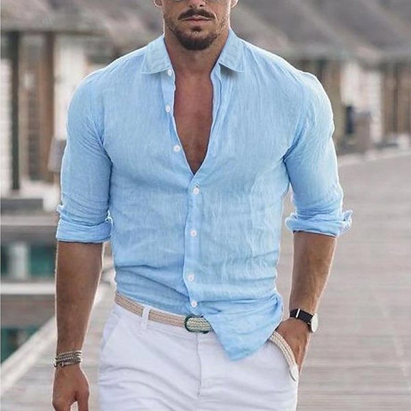 Camisa Casual De Manga Larga De Color SóLido Con Solapa De AlgodóN Y Lino Para Hombre De Verano Xxxl-image